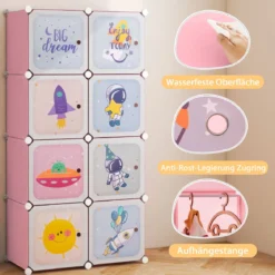 Kinder Kleiderschrank Kunststoff Regalsystem mit 8 Würfeln Kinderregal mit Türen Rosa