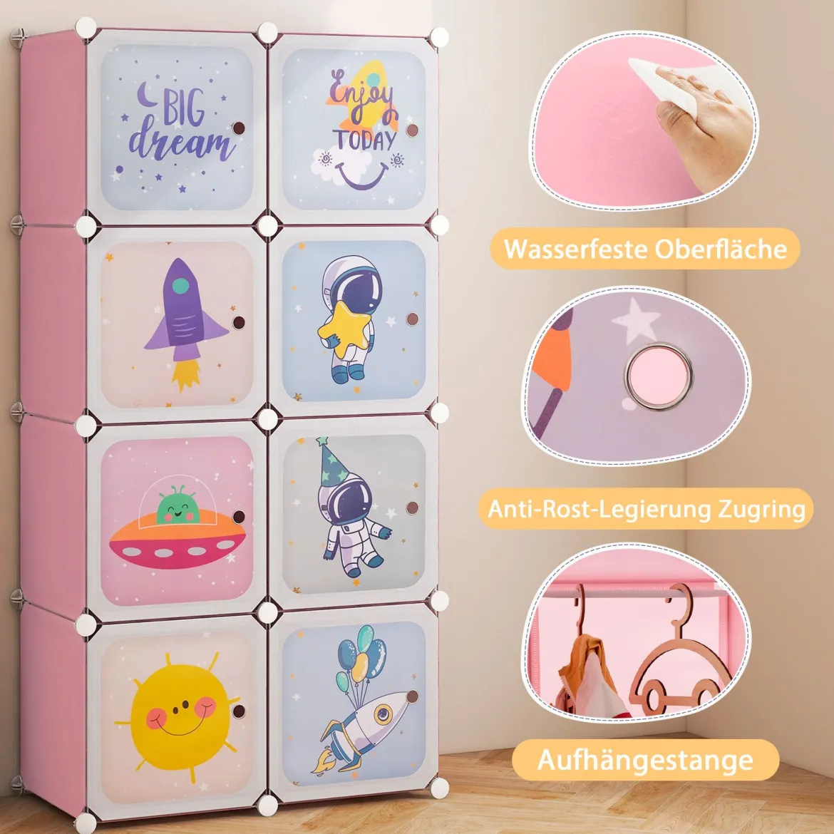 Kinder Kleiderschrank Kunststoff Regalsystem mit 8 Würfeln Kinderregal mit Türen Rosa