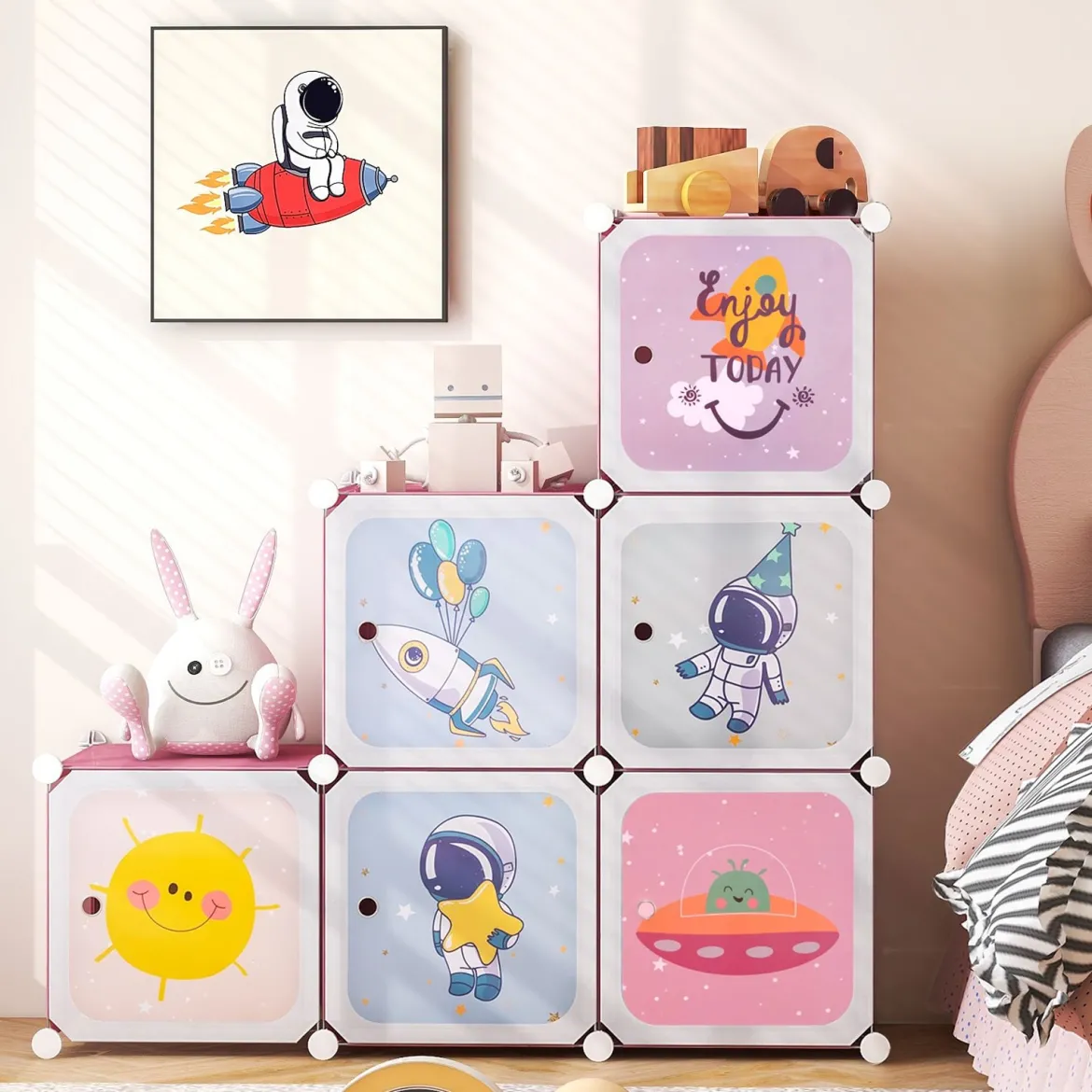 Kinder Kleiderschrank Kunststoff Regalsystem mit 8 Würfeln Kinderregal mit Türen Rosa