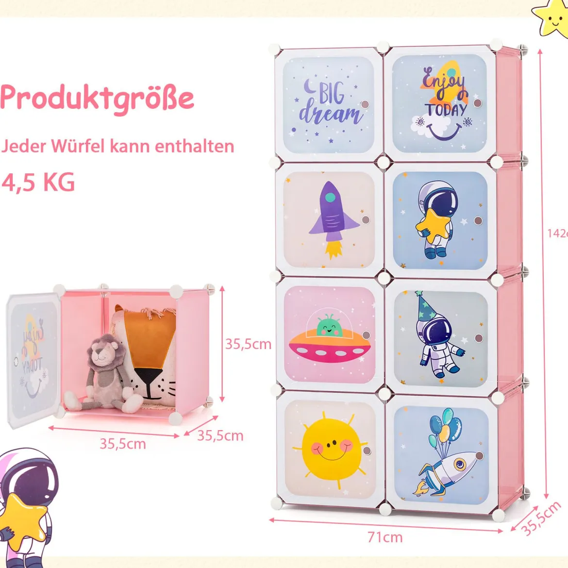 Kinder Kleiderschrank Kunststoff Regalsystem mit 8 Würfeln Kinderregal mit Türen Rosa