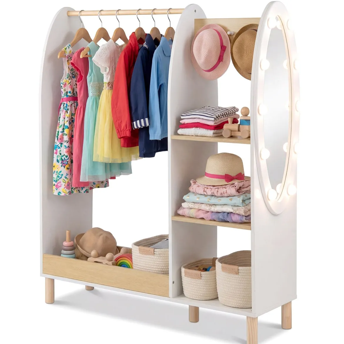 Kinder Kleiderschrank mit Beleuchtung & Spiegel & Kleiderstange & Regalen & Haken Kindergarderobe Weiß