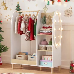 Kinder Kleiderschrank mit Beleuchtung & Spiegel & Kleiderstange & Regalen & Haken Kindergarderobe Weiß