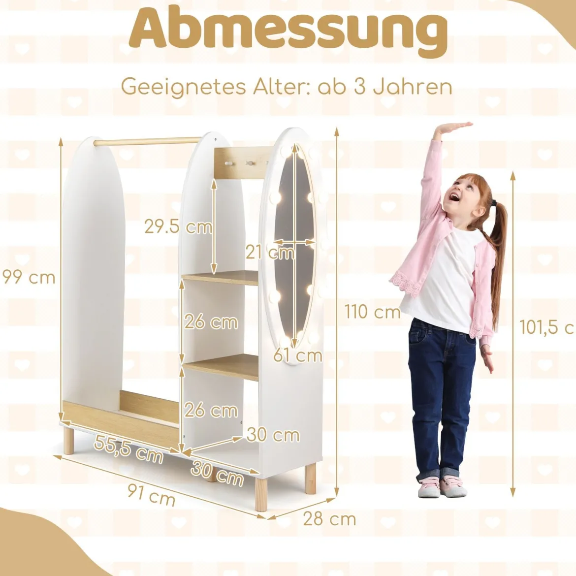 Kinder Kleiderschrank mit Beleuchtung & Spiegel & Kleiderstange & Regalen & Haken Kindergarderobe Weiß