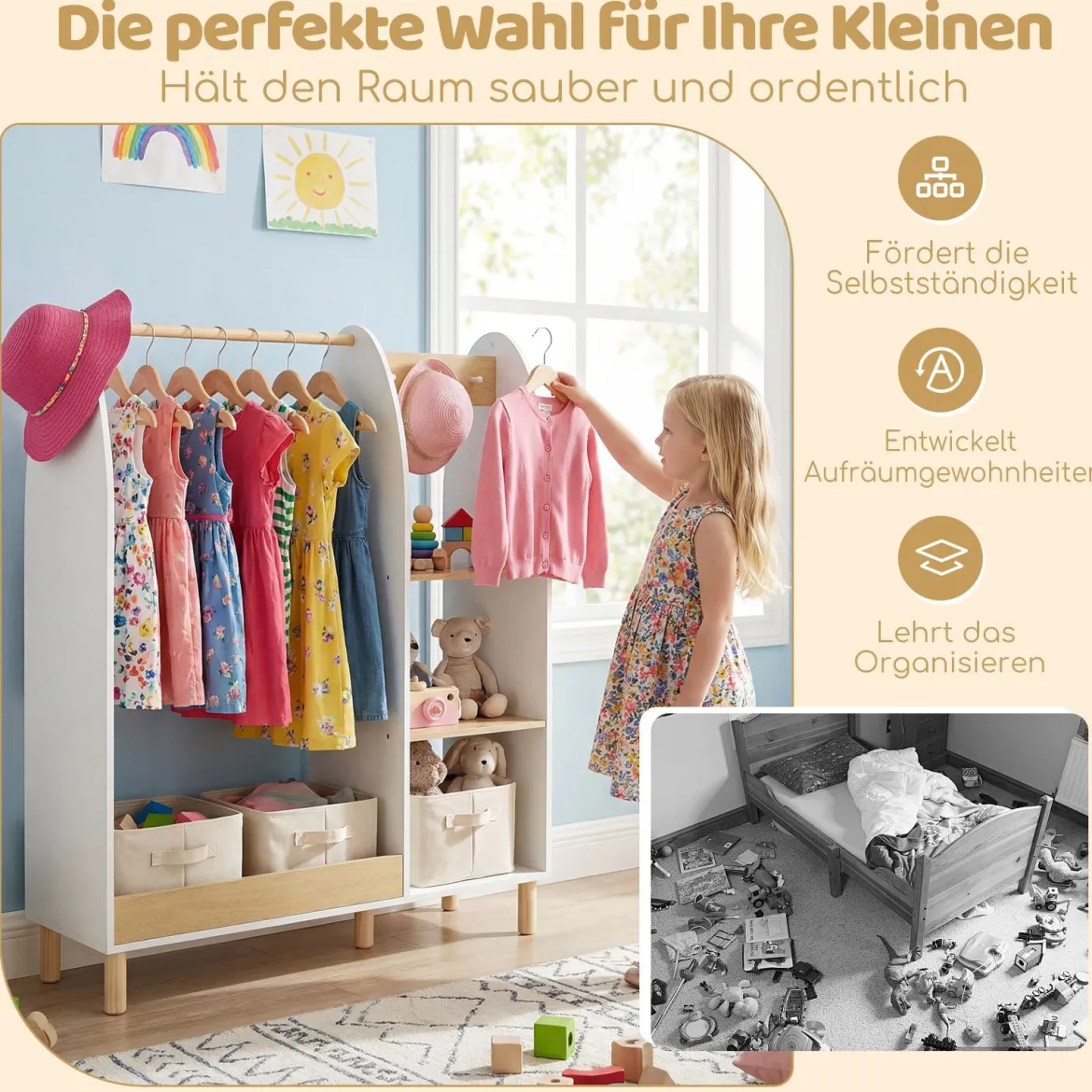 Kinder Kleiderschrank mit Beleuchtung & Spiegel & Kleiderstange & Regalen & Haken Kindergarderobe Weiß