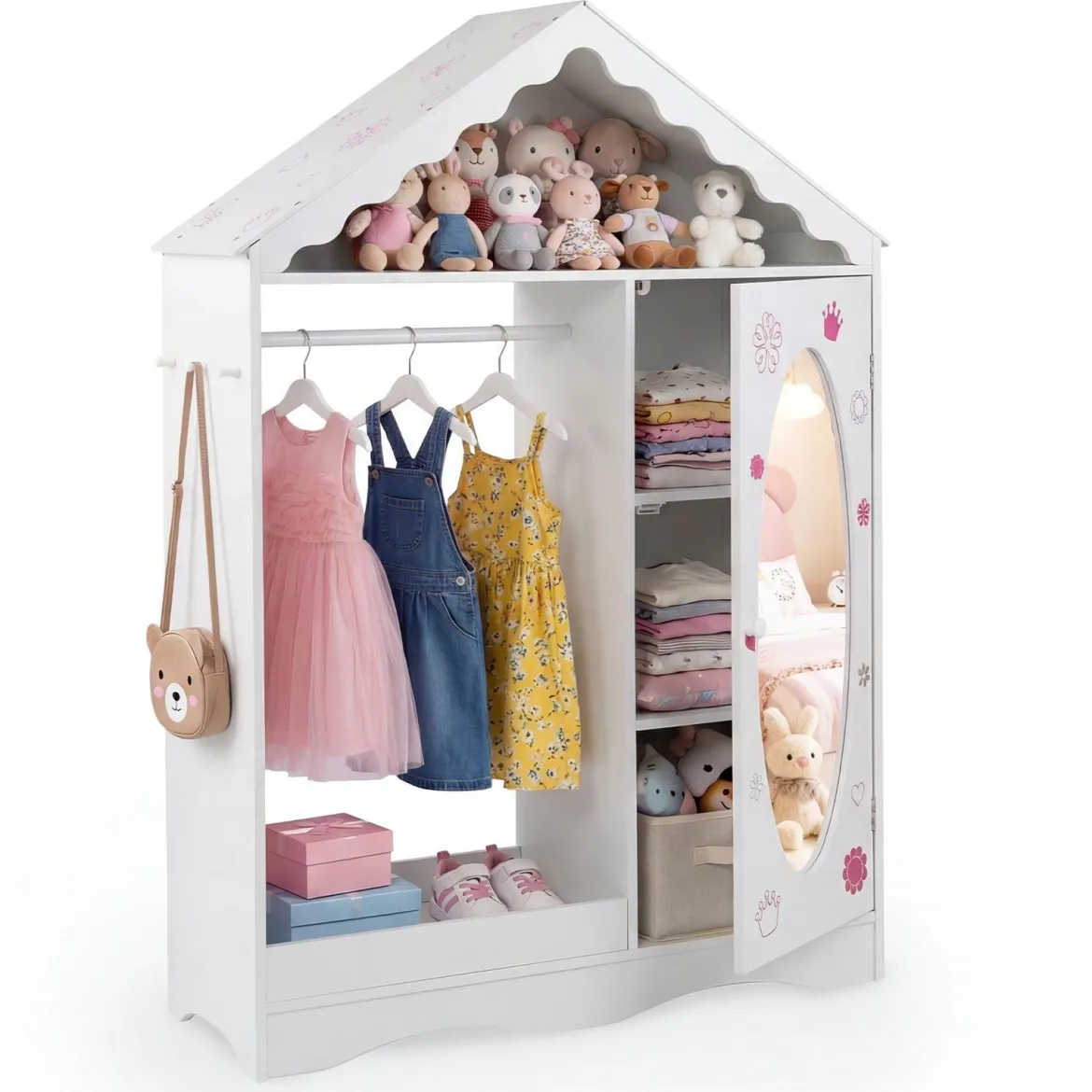 Kinderkleiderschrank mit Spiegel Dachförmiger Kleiderschrank mit offener Kleiderstange Rosa/Weiß
