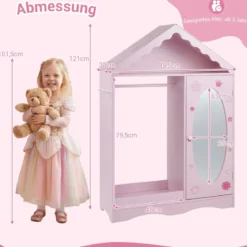 Kinderkleiderschrank mit Spiegel Dachförmiger Kleiderschrank mit offener Kleiderstange Rosa/Weiß