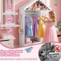 Kinderkleiderschrank mit Spiegel Dachförmiger Kleiderschrank mit offener Kleiderstange Rosa/Weiß