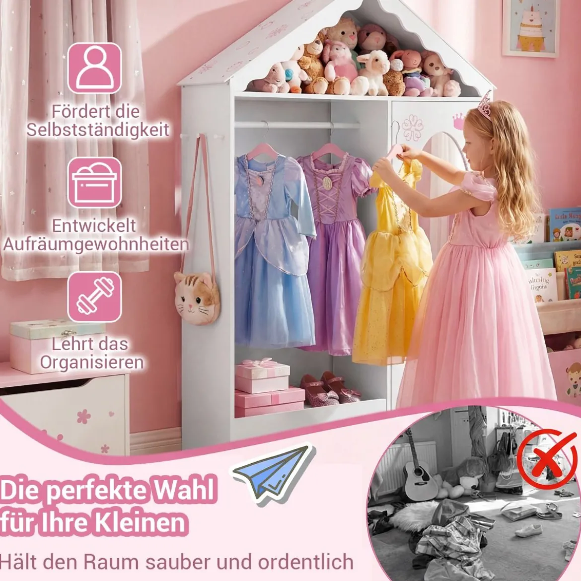 Kinderkleiderschrank mit Spiegel Dachförmiger Kleiderschrank mit offener Kleiderstange Rosa/Weiß