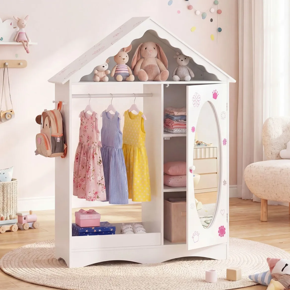 Kinderkleiderschrank mit Spiegel Dachförmiger Kleiderschrank mit offener Kleiderstange Rosa/Weiß