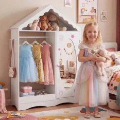 Kinderkleiderschrank mit Spiegel Dachförmiger Kleiderschrank mit offener Kleiderstange Rosa/Weiß
