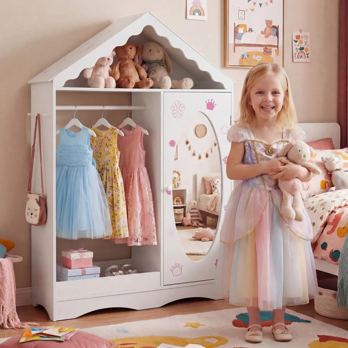 Kinderkleiderschrank mit Spiegel Dachförmiger Kleiderschrank mit offener Kleiderstange Rosa/Weiß