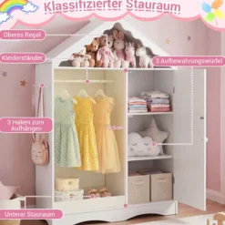 Kinderkleiderschrank mit Spiegel Dachförmiger Kleiderschrank mit offener Kleiderstange Rosa/Weiß
