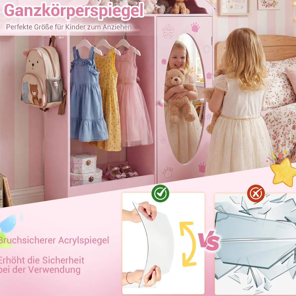 Kinderkleiderschrank mit Spiegel Dachförmiger Kleiderschrank mit offener Kleiderstange Rosa/Weiß