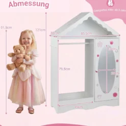 Kinderkleiderschrank mit Spiegel Dachförmiger Kleiderschrank mit offener Kleiderstange Rosa/Weiß