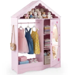 Kinderkleiderschrank mit Spiegel Dachförmiger Kleiderschrank mit offener Kleiderstange Rosa/Weiß