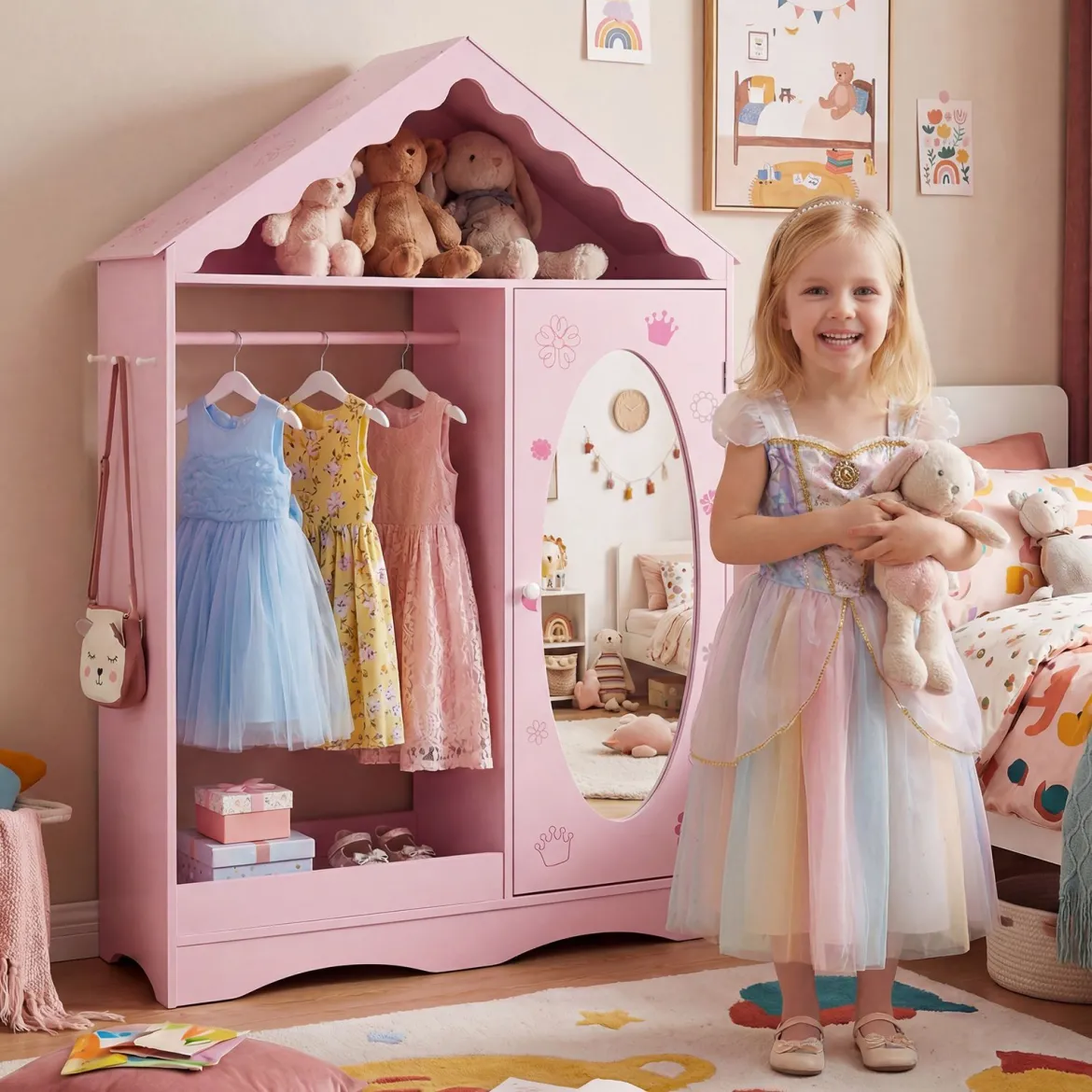 Kinderkleiderschrank mit Spiegel Dachförmiger Kleiderschrank mit offener Kleiderstange Rosa/Weiß