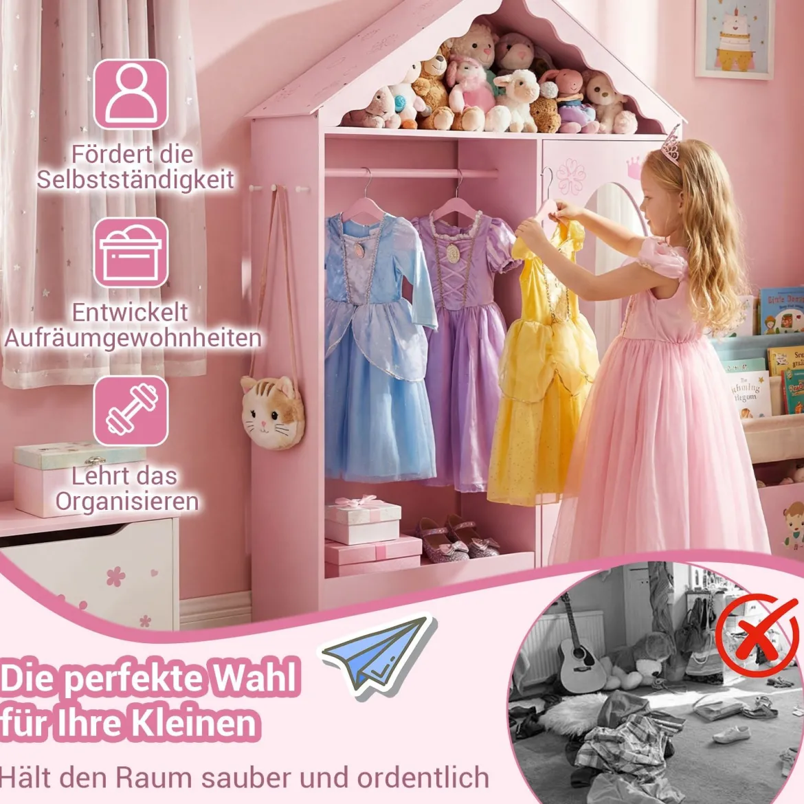 Kinderkleiderschrank mit Spiegel Dachförmiger Kleiderschrank mit offener Kleiderstange Rosa/Weiß