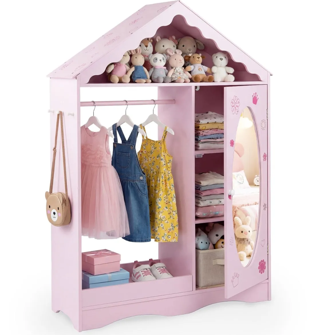 Kinderkleiderschrank mit Spiegel Dachförmiger Kleiderschrank mit offener Kleiderstange Rosa/Weiß