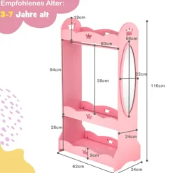 Kinder Kleiderschrank mit Spiegel & Kleiderstange aus Holz 62 x 34 x 116 cm Rosa