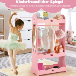 Kinder Kleiderschrank mit Spiegel & Kleiderstange aus Holz 62 x 34 x 116 cm Rosa