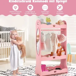 Kinder Kleiderschrank mit Spiegel & Kleiderstange aus Holz 62 x 34 x 116 cm Rosa