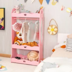 Kinder Kleiderschrank mit Spiegel & Kleiderstange aus Holz 62 x 34 x 116 cm Rosa