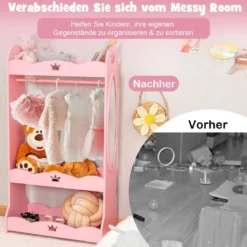 Kinder Kleiderschrank mit Spiegel & Kleiderstange aus Holz 62 x 34 x 116 cm Rosa