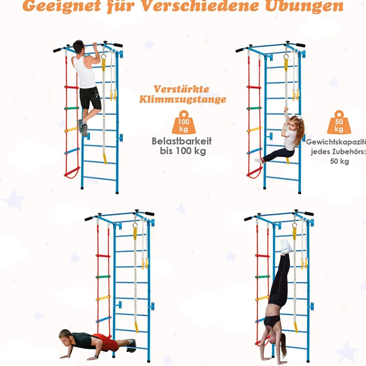 Kinder Kletterwand Heimsportgerät für Kinder bis 100 kg107 x 83 x 223 cm Blau