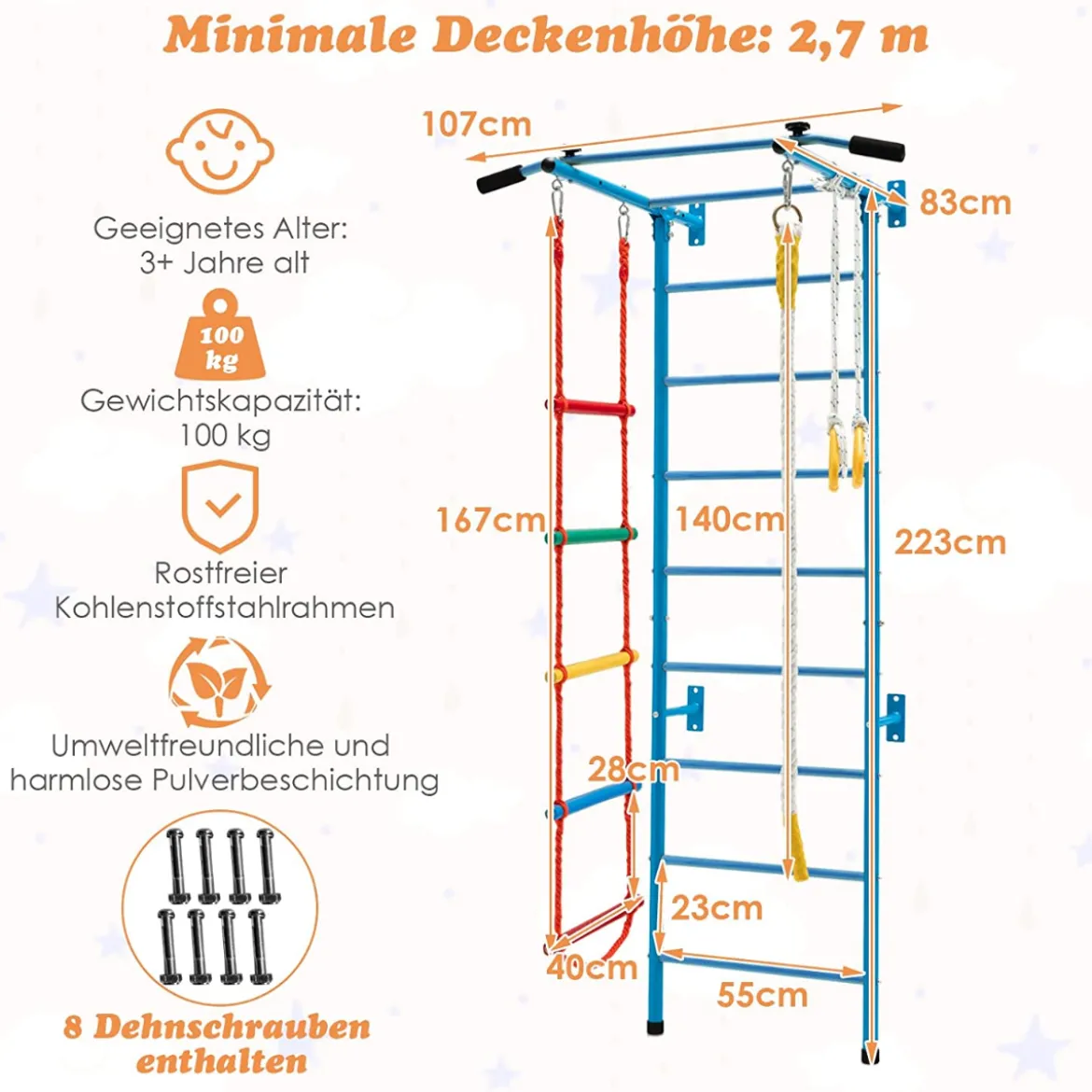 Kinder Kletterwand Heimsportgerät für Kinder bis 100 kg107 x 83 x 223 cm Blau