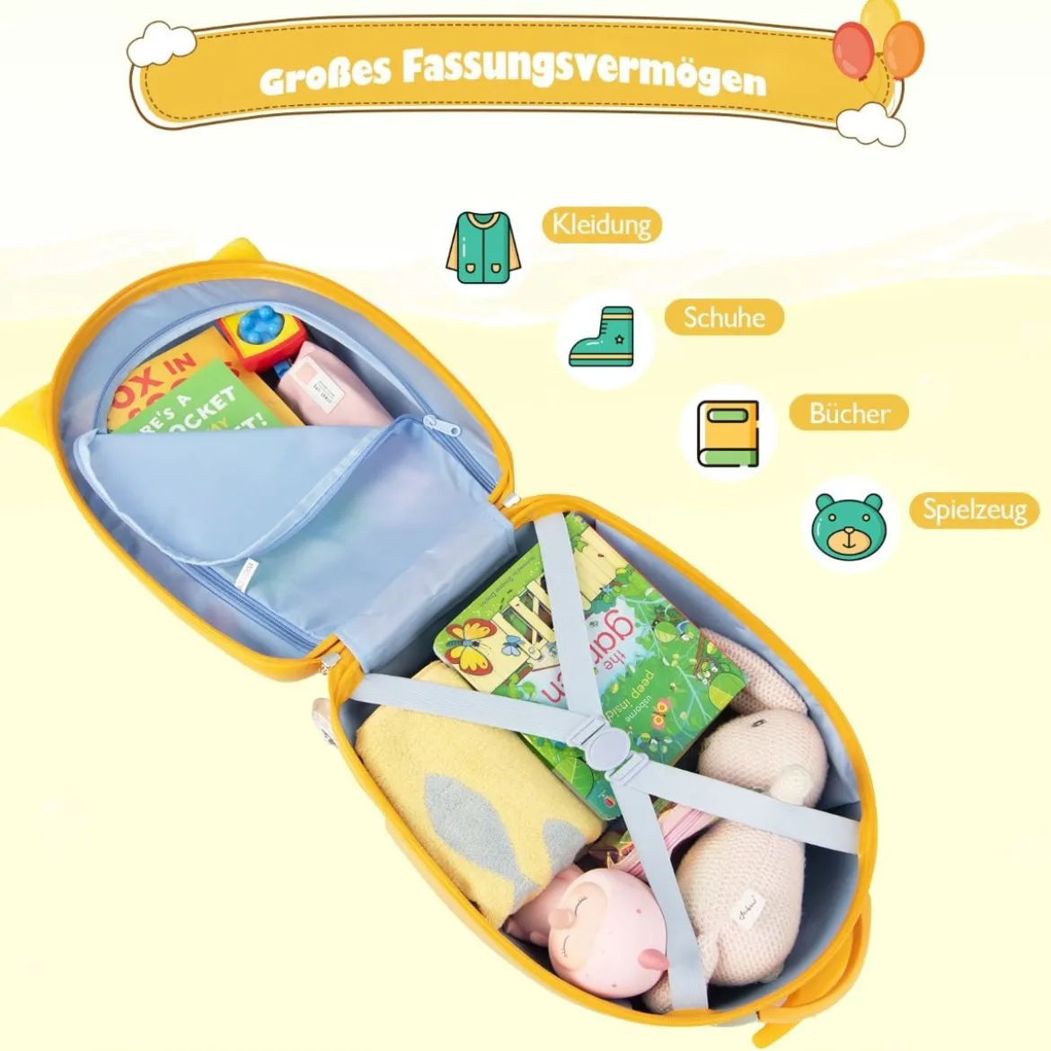 16" Kinderkoffer mit Plüschohren & 2 blinkenden Rädern & 2-stufigem Teleskopgriff Tiger