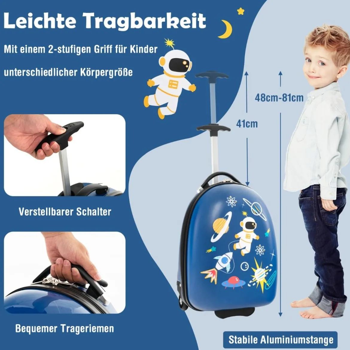 16" Kinderkoffer mit 2-stufigem Teleskopgriff Kindertrolley Kinder Handgepäck Astronauten
