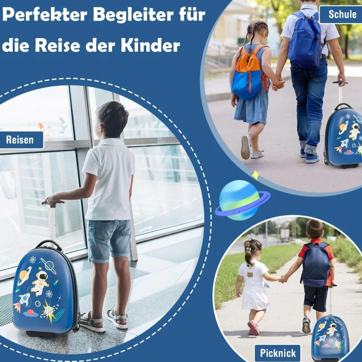 16" Kinderkoffer mit 2-stufigem Teleskopgriff Kindertrolley Kinder Handgepäck Astronauten
