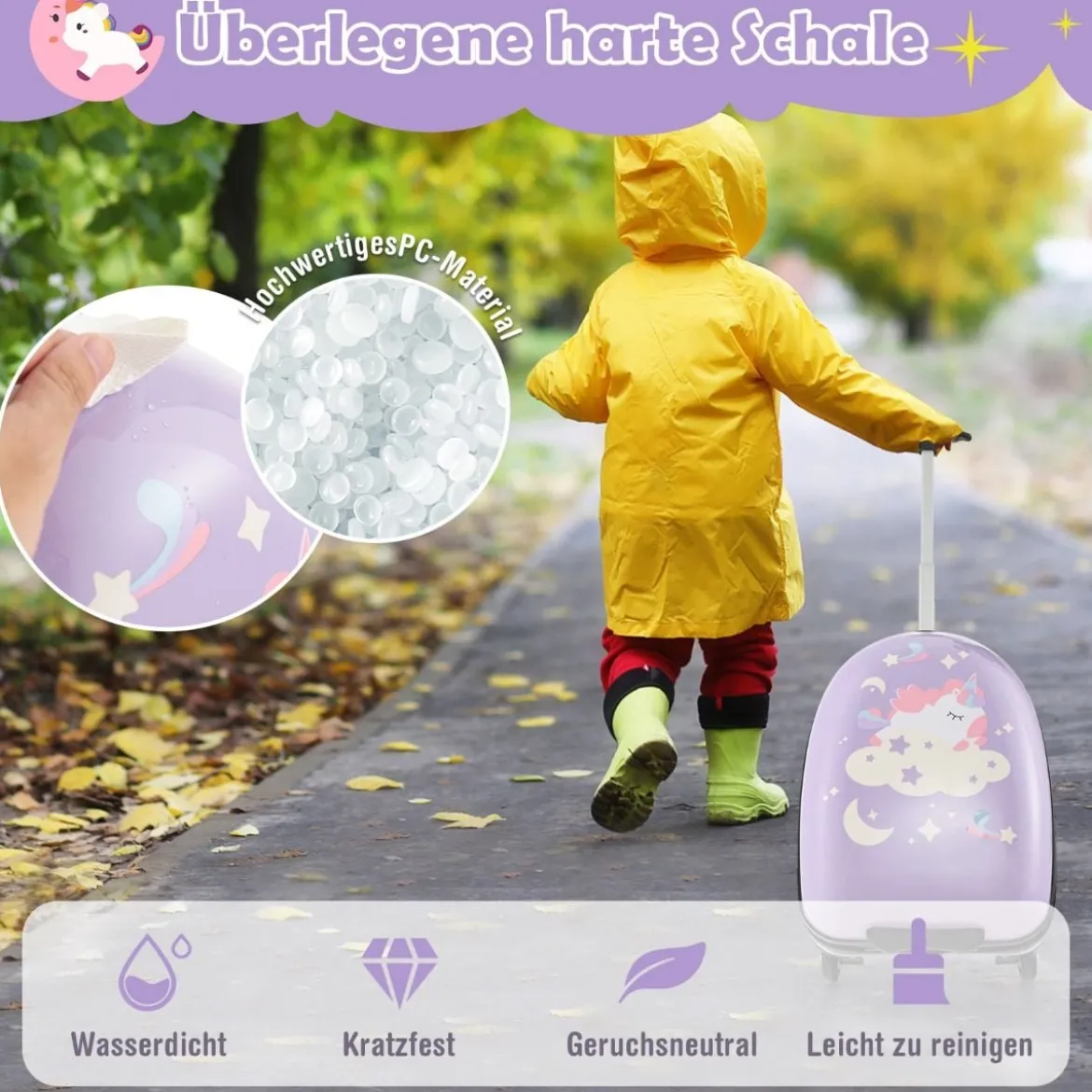16" Kinderkoffer mit 2-stufigem Teleskopgriff Kindertrolley Kinder Handgepäck Einhörner