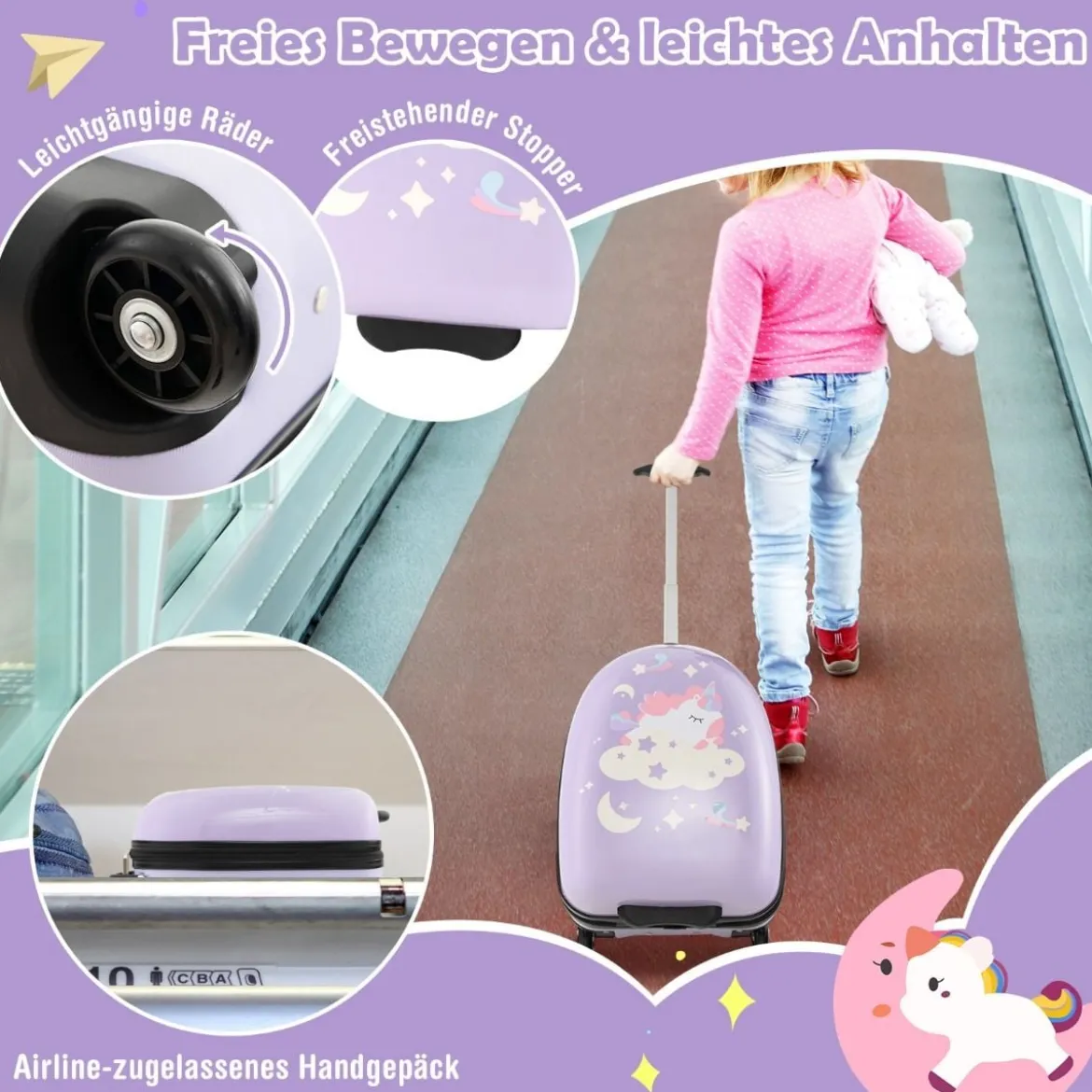 16" Kinderkoffer mit 2-stufigem Teleskopgriff Kindertrolley Kinder Handgepäck Einhörner