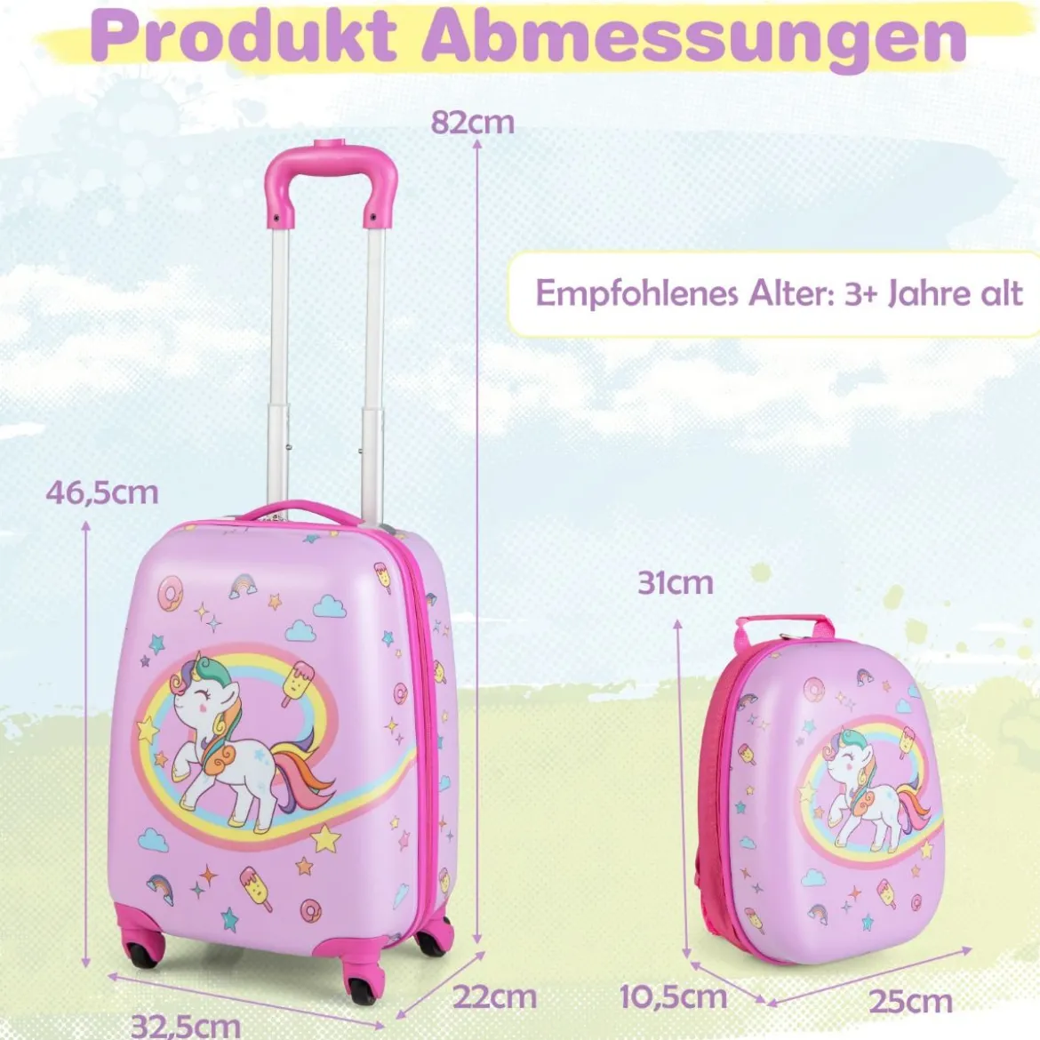 Kinderkoffer Rollender Hartschalen-Koffer 2-Teiliges Handgepäck-Set mit Spinner-Rädern Rosa