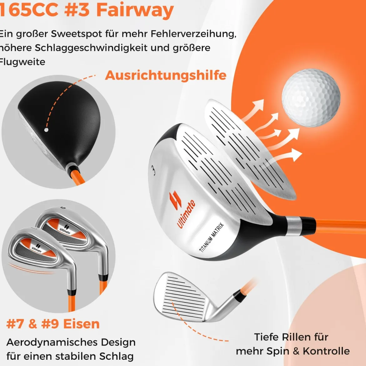 Kinder Komplettes Golf-Schlägerset Rechtshänder Golfset für Kinder von 11-13 Jahren Orange