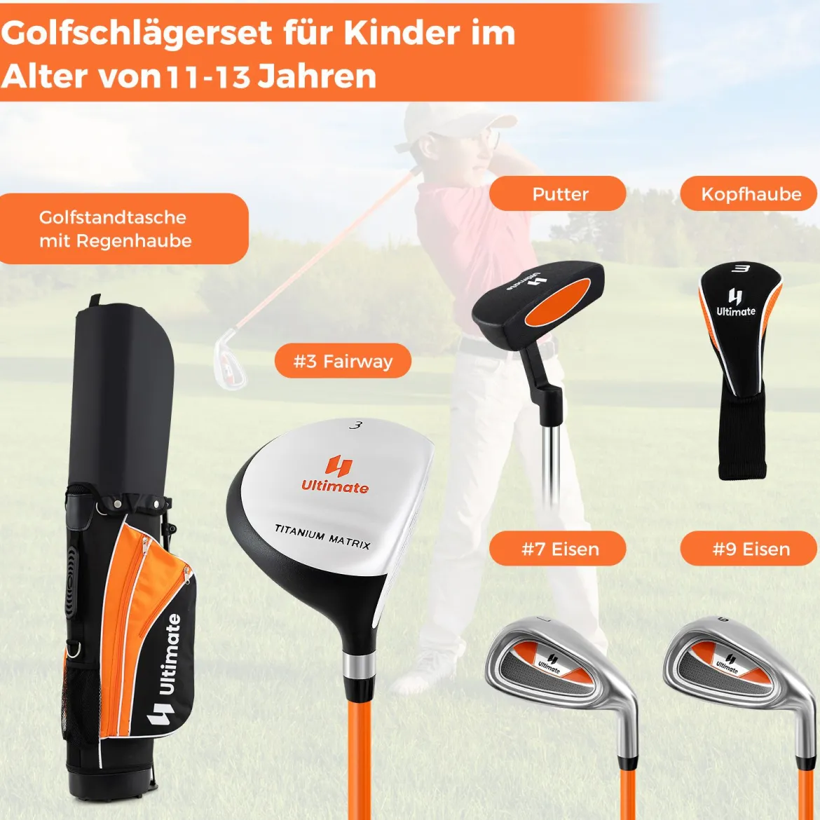 Kinder Komplettes Golf-Schlägerset Rechtshänder Golfset für Kinder von 11-13 Jahren Orange