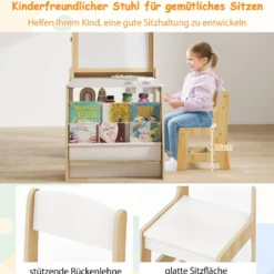Kinderkunsttisch und Stuhl-Set multifunktionaler Kindertisch mit Staffelei & Stuhl Whiteboard & Kreidetafel Natur
