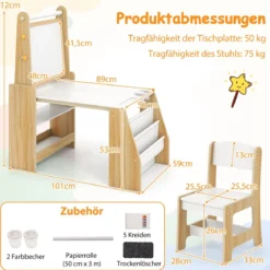 Kinderkunsttisch und Stuhl-Set multifunktionaler Kindertisch mit Staffelei & Stuhl Whiteboard & Kreidetafel Natur