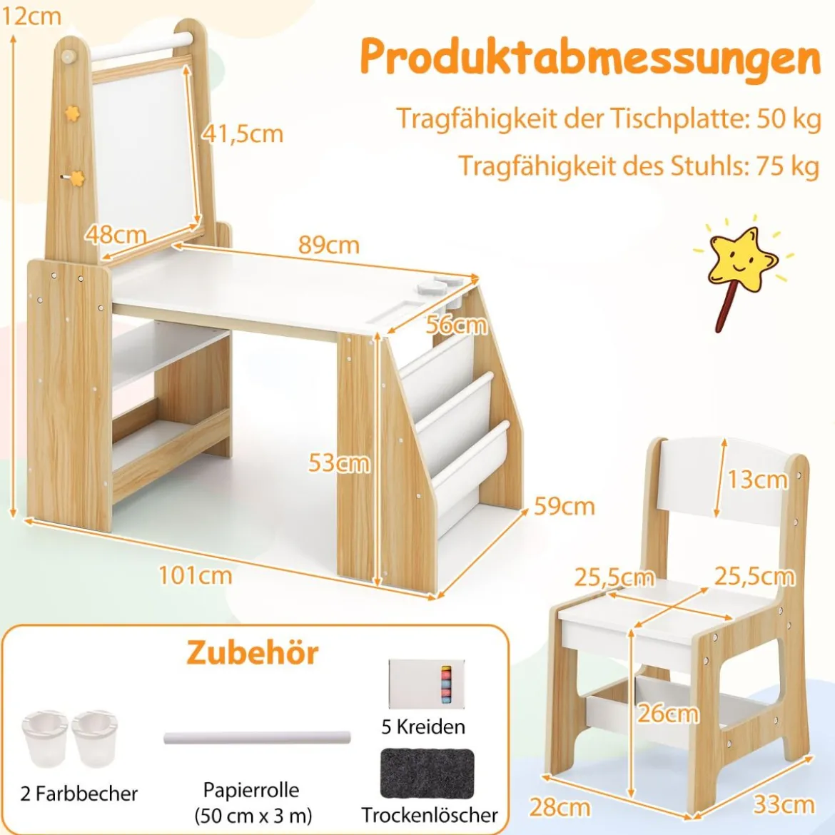 Kinderkunsttisch und Stuhl-Set multifunktionaler Kindertisch mit Staffelei & Stuhl Whiteboard & Kreidetafel Natur