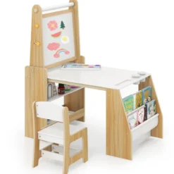 Kinderkunsttisch und Stuhl-Set multifunktionaler Kindertisch mit Staffelei & Stuhl Whiteboard & Kreidetafel Natur