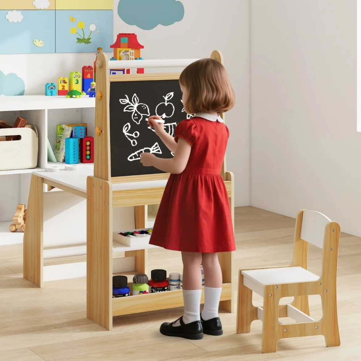 Kinderkunsttisch und Stuhl-Set multifunktionaler Kindertisch mit Staffelei & Stuhl Whiteboard & Kreidetafel Natur