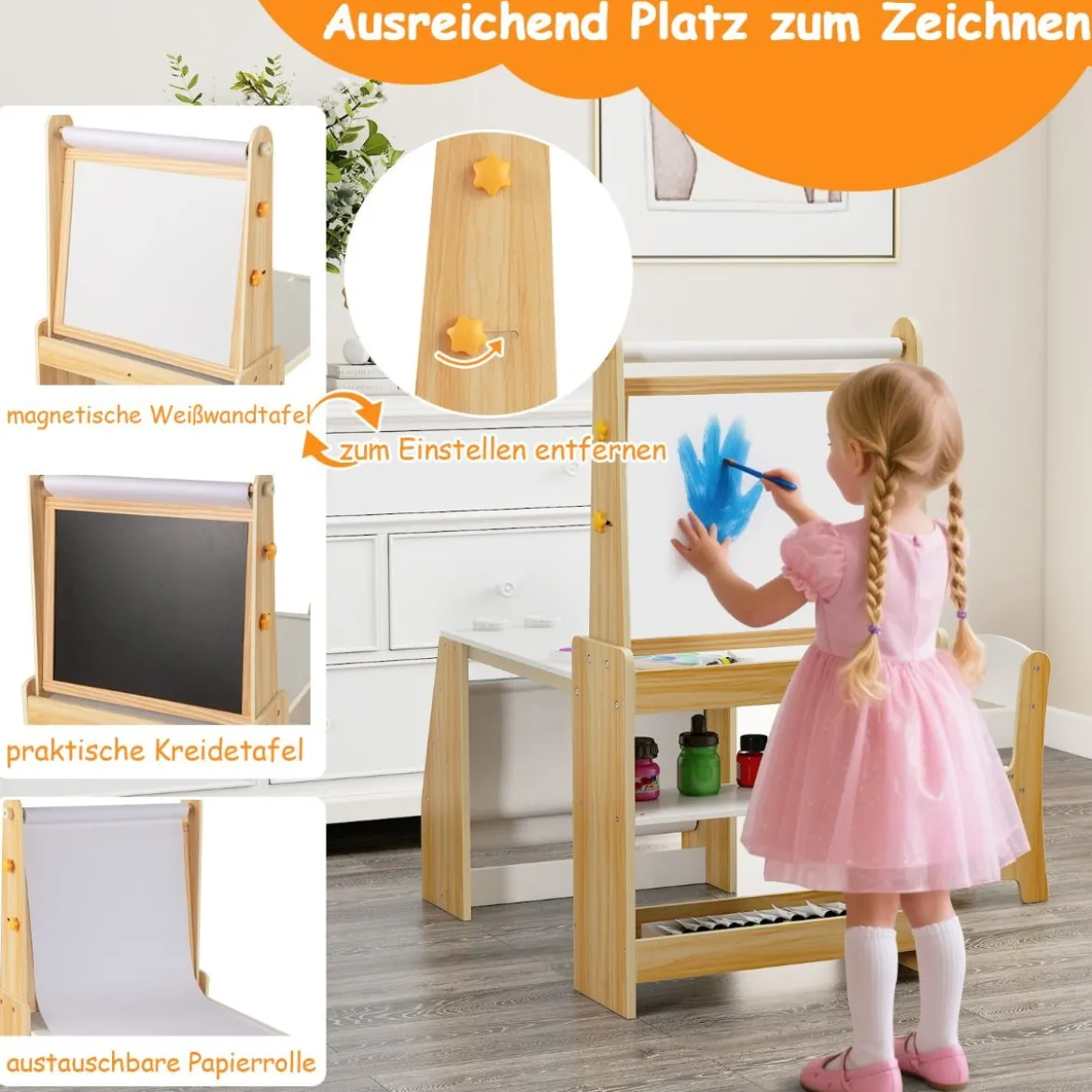 Kinderkunsttisch und Stuhl-Set multifunktionaler Kindertisch mit Staffelei & Stuhl Whiteboard & Kreidetafel Natur