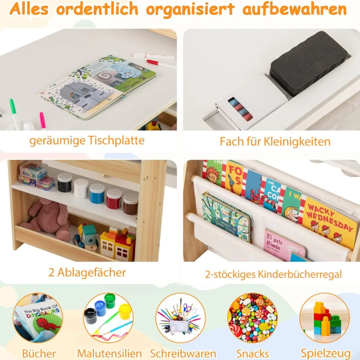 Kinderkunsttisch und Stuhl-Set multifunktionaler Kindertisch mit Staffelei & Stuhl Whiteboard & Kreidetafel Natur