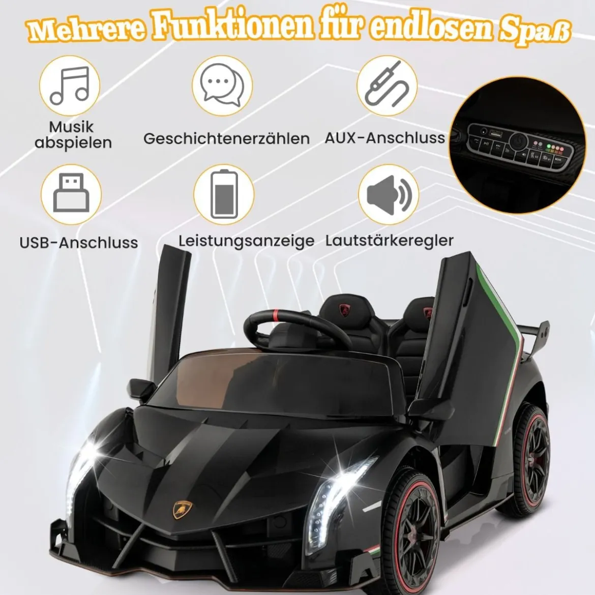 Kinder Lamborghini Elektroauto mit Fernbedienung & LED Scheinwerfer & Hupe & Musik Kinderfahrzeug