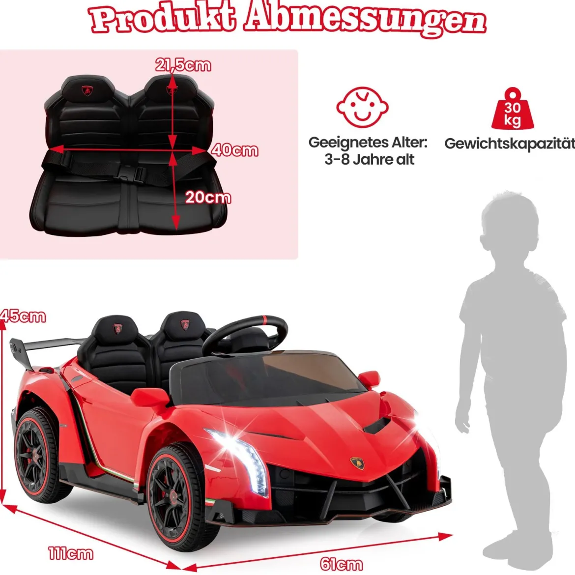 Kinder Lamborghini Elektroauto mit Fernbedienung & LED Scheinwerfer & Hupe & Musik Kinderfahrzeug