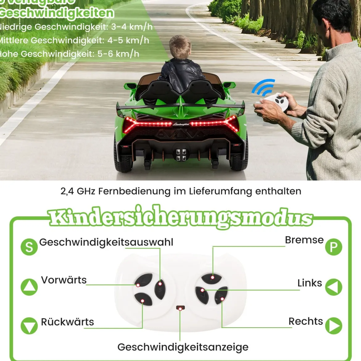 Kinder Lamborghini Elektroauto mit Fernbedienung & LED Scheinwerfer & Hupe & Musik Kinderfahrzeug