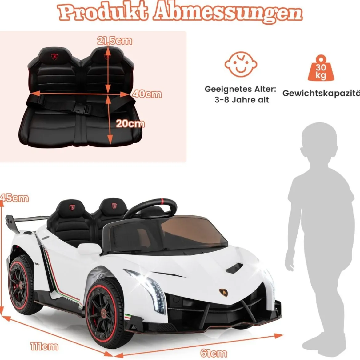Kinder Lamborghini Elektroauto mit Fernbedienung & LED Scheinwerfer & Hupe & Musik Kinderfahrzeug