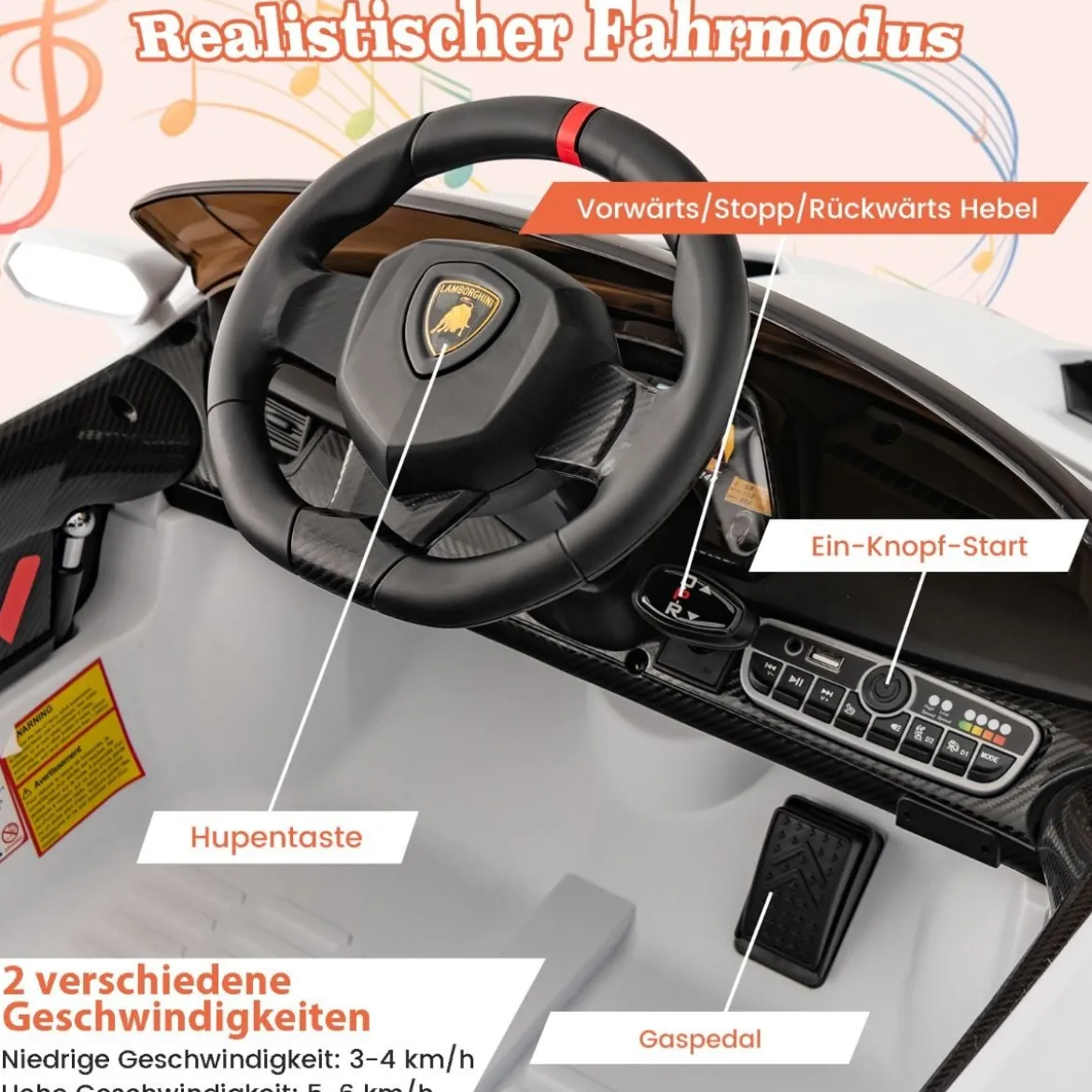 Kinder Lamborghini Elektroauto mit Fernbedienung & LED Scheinwerfer & Hupe & Musik Kinderfahrzeug