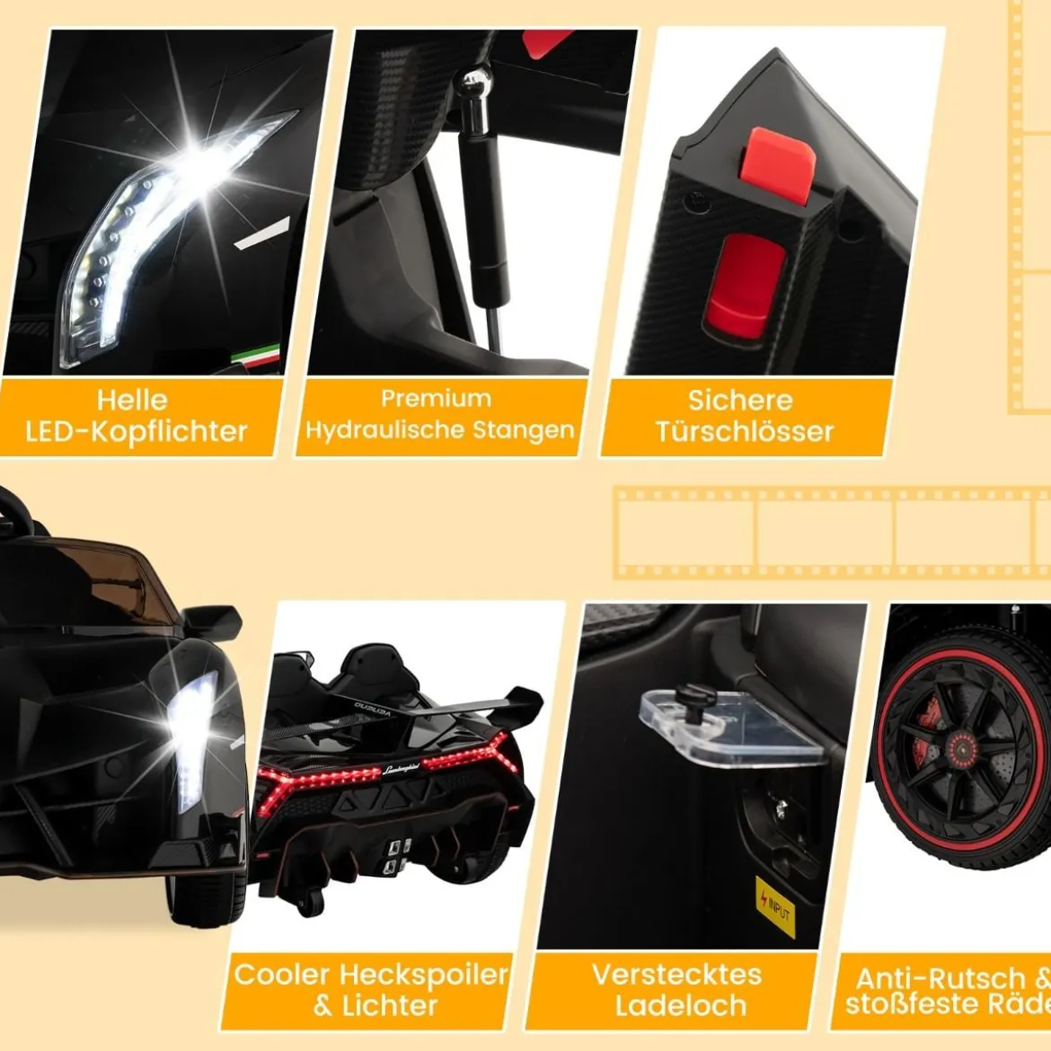 Kinder Lamborghini Elektroauto mit Fernbedienung & LED Scheinwerfer & Hupe & Musik Kinderfahrzeug